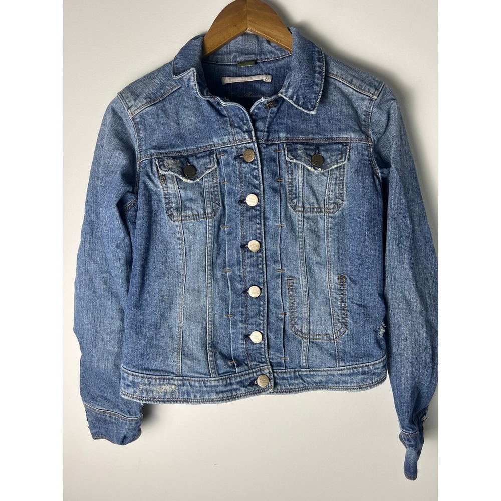 Eddie Bauer Denim Jacket Wm SM Blue Distressed Trucker Jean Jacket Chic Y2K 00s